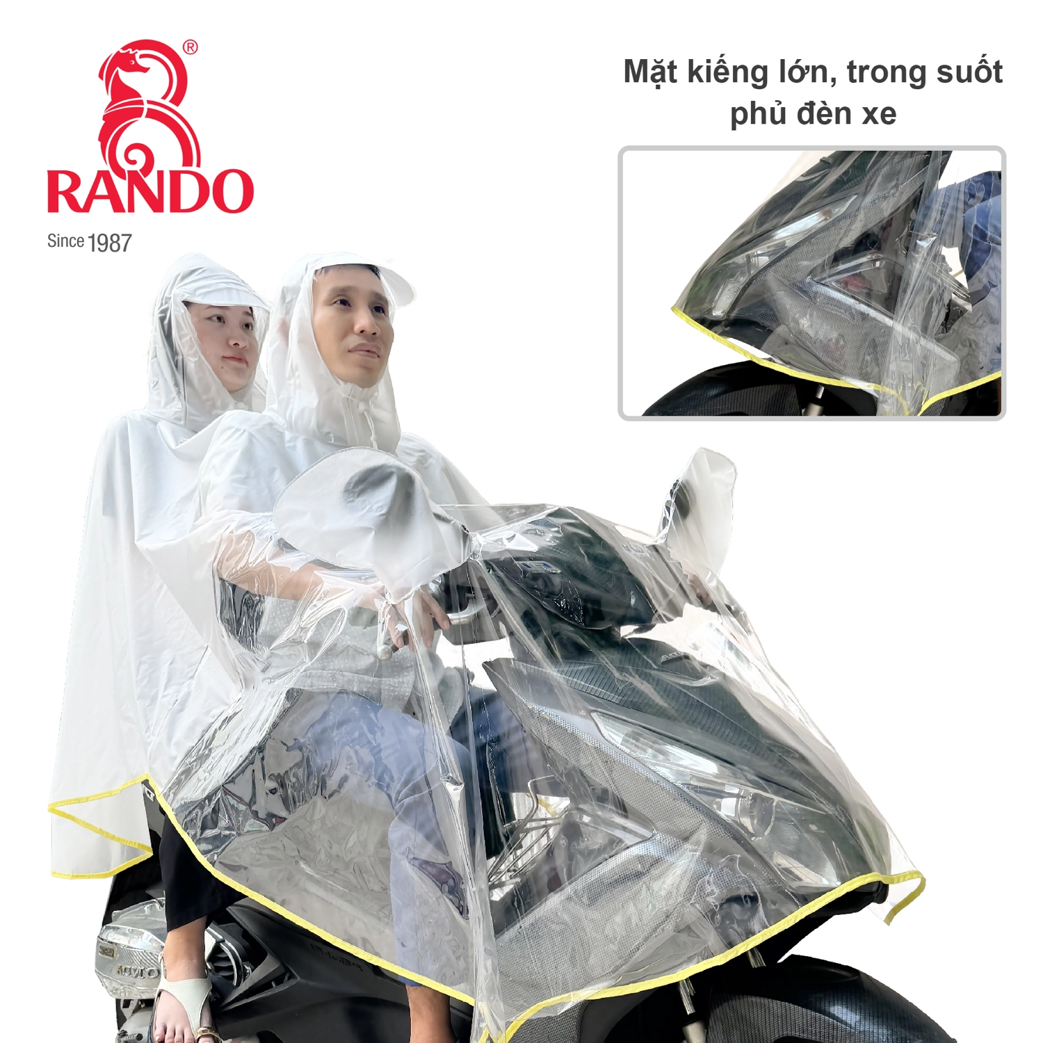 Áo mưa ENCIR 2 nón trong màu RANDO - Mặt kiếng trong suốt phủ đèn xe