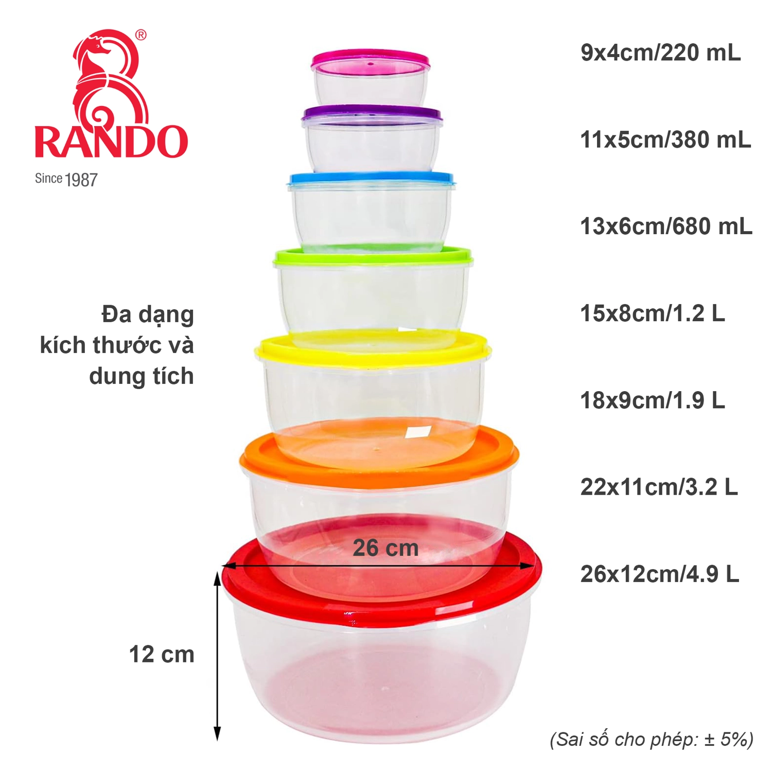 Bộ T&ocirc; Bảo Quản Thực Phẩm 7 M&oacute;n RANDO - K&iacute;ch thước v&agrave; dung t&iacute;ch