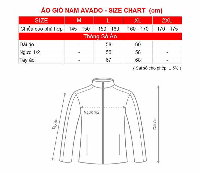 SIZE CHART AO GIO NAM AVADO RANDO