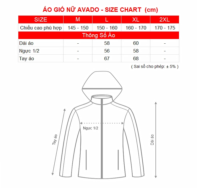 SIZE CHART AO GIO NU AVADO RANDO