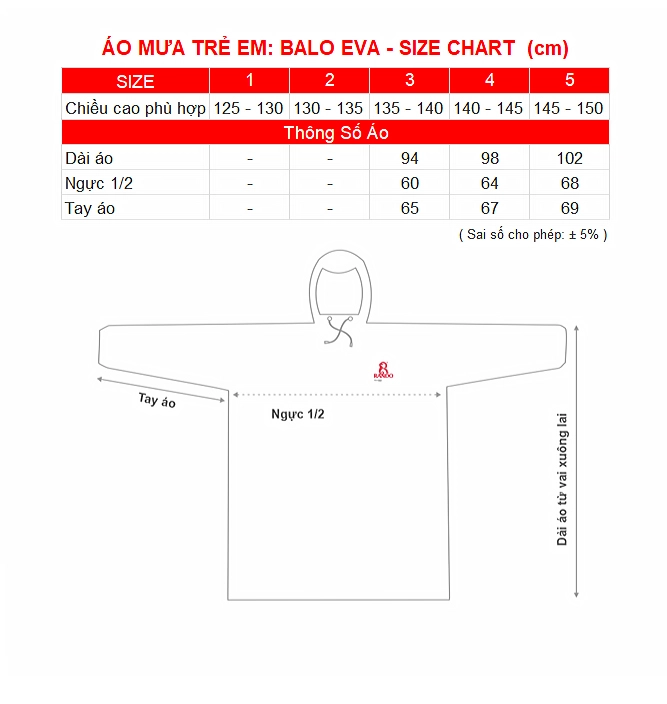 SIZE CHART AO MUA BALO EVA TRE EM RANDO