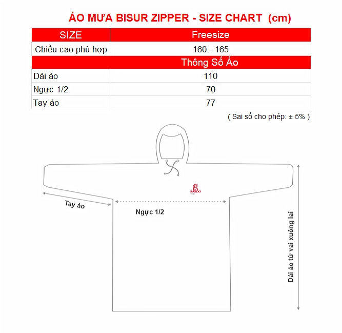 SIZE CHART AO MUA BISUR ZIPPER RANDO