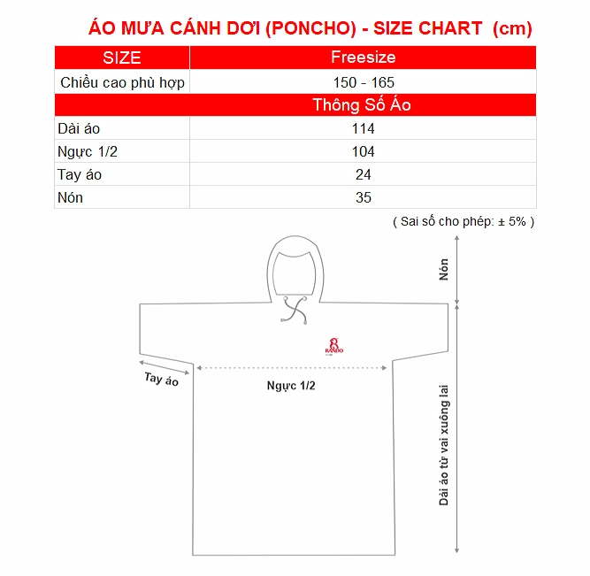 SIZE CHART AO MUA CANH DOI PONCHO RANDO