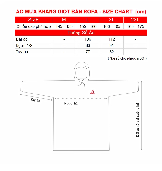 SIZE CHART AO MUA KHÁNG GIỌT BẮN ROFA RANDO