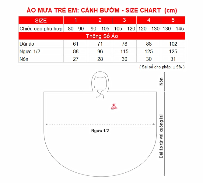 SIZE CHART AO MUA TRE EM CANH BUOM RANDO