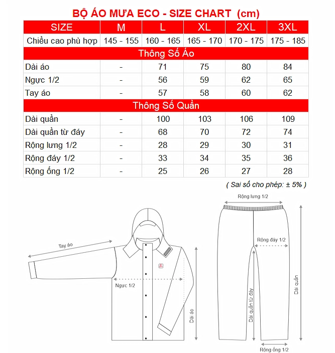 SIZE CHART BO AO MUA ECO RANDO