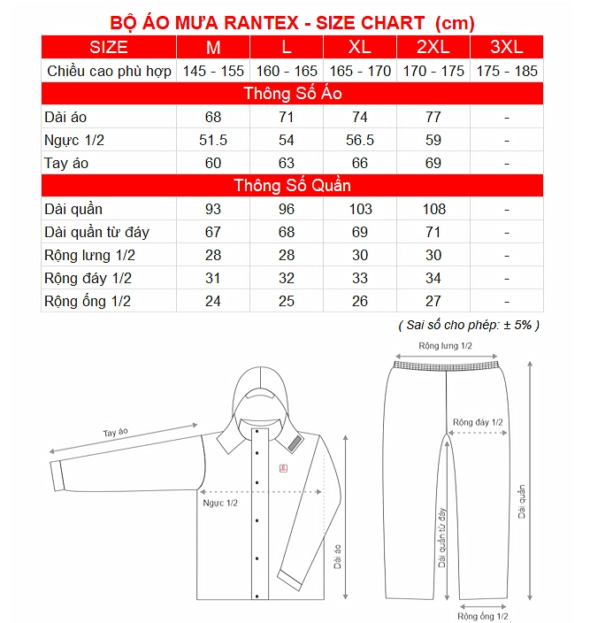 SIZE CHART BO AO MUA RANTEX RANDO