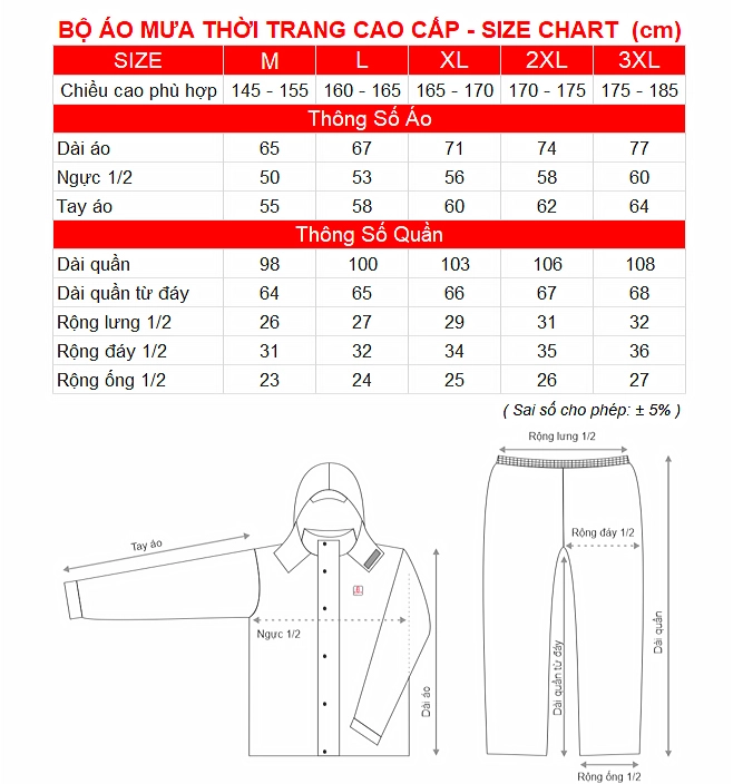 SIZE CHART BO AO MUA THOI TRANG CAO CAP RANDO