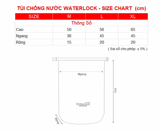 SIZE CHART TUI CHONG NUOC WATERLOCK RANDO